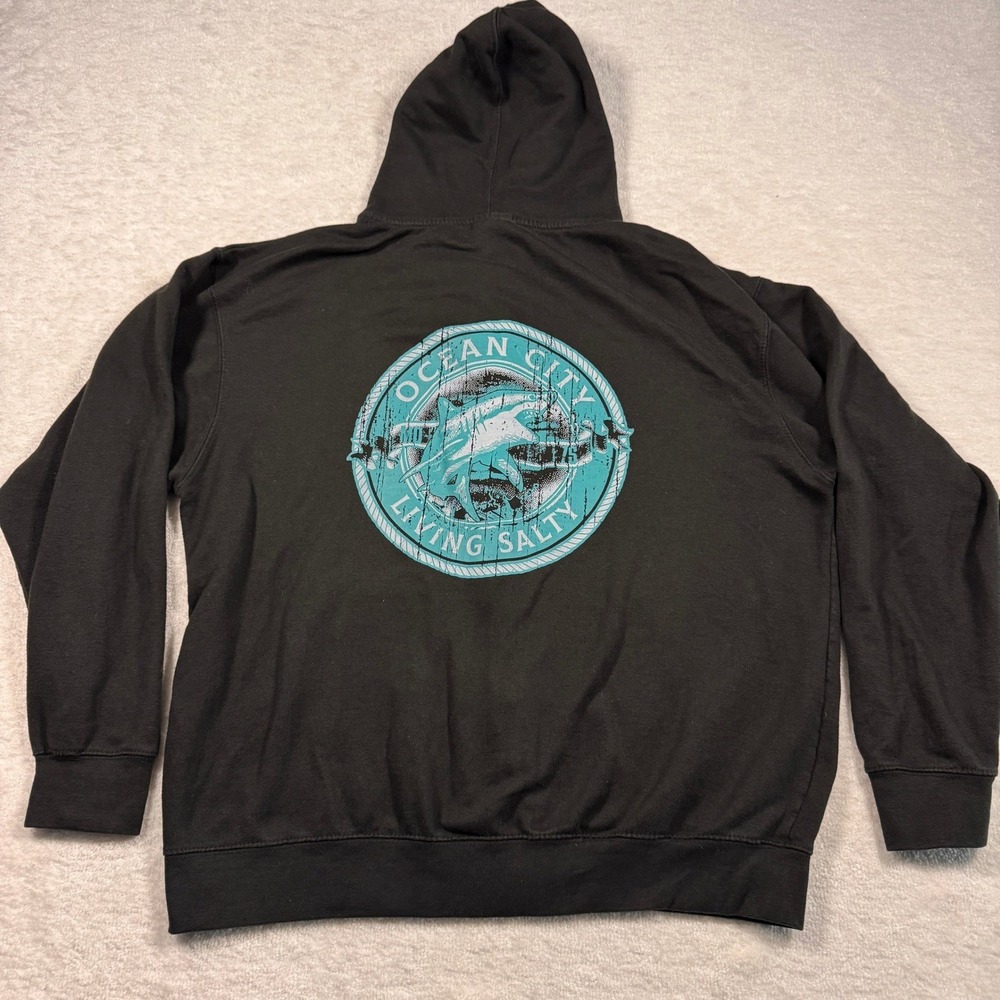 Sunsations Ocean City Living Salty‎ Shark Zip Hoodie Black Mens XL